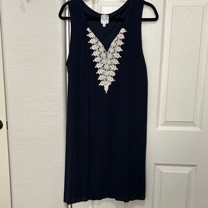 Navy Sleeveless Dress with White Embroidery